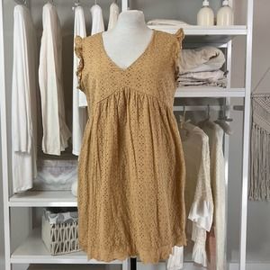 Knox Rose Mini Dress Eyelet V neck Babydoll. Soft yellow. Item # 0426